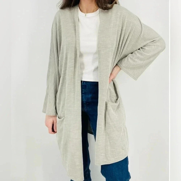 Anthropology Donni‎ Sandwash Ribbed Open Cardigan Grey White Texture Stripe EUC - Picture 6 of 11